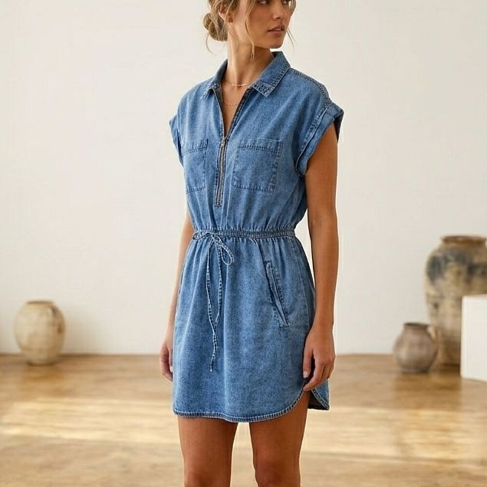 Speed Limit Womens Denim Dress Acid Wash Blue Zip Front Drawstring Waist Sz 1X